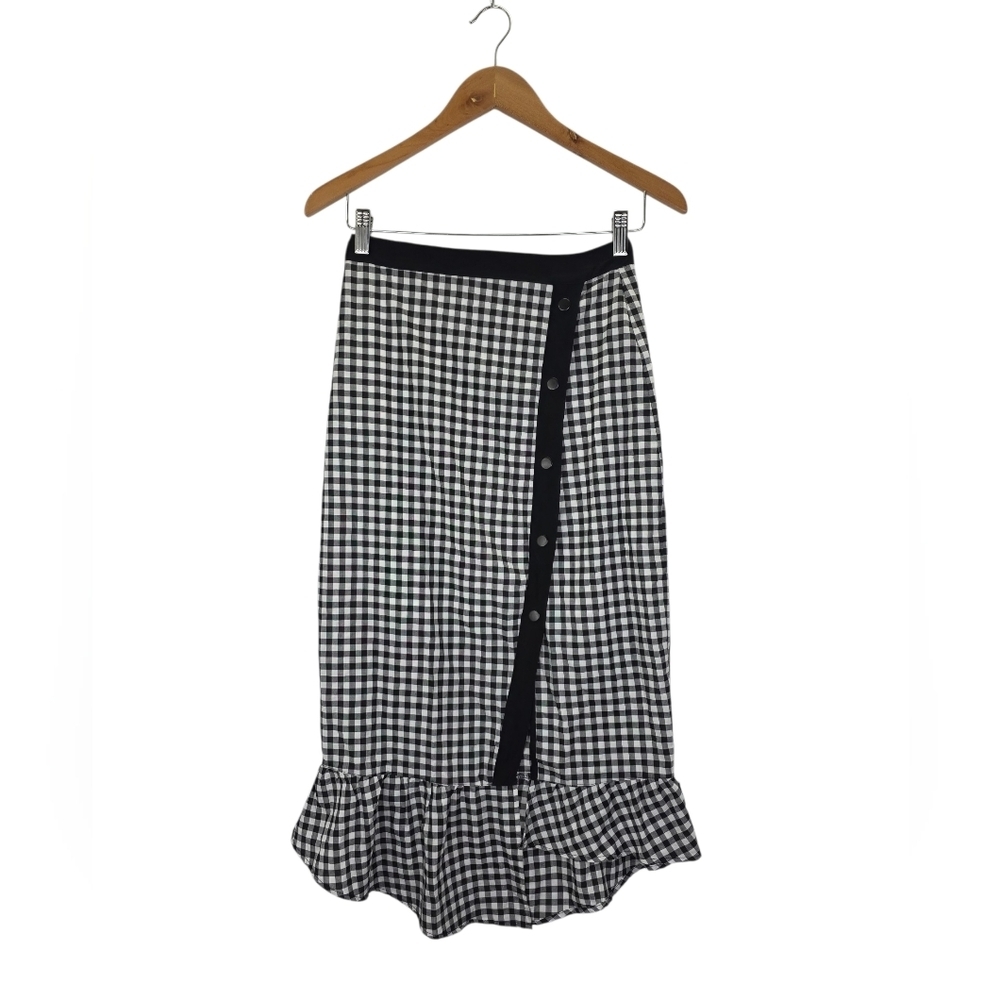 BCBGeneration Women's Black White Gingham‎ Ruffle Asymmetric Pencil Skirt Size 4